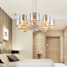 8 Lampă suspendată din lemn deschis modern și contemporan în stil nordic cu abajur din sticlă