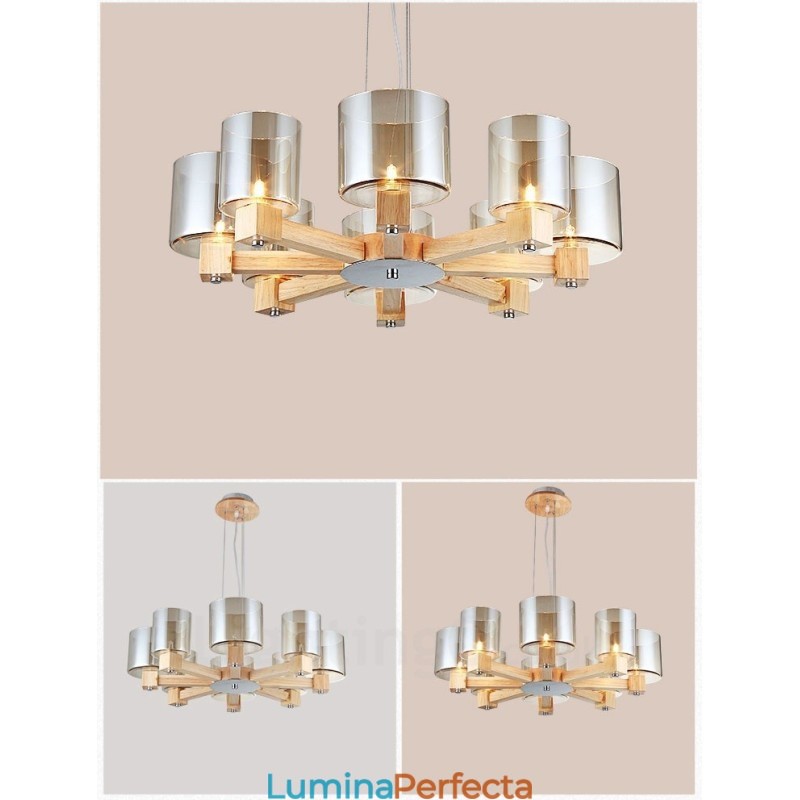 8 Lampă suspendată din lemn deschis modern și contemporan în stil nordic cu abajur din sticlă