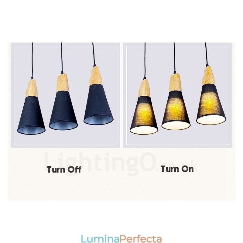 Lampă suspendată modernă, contemporană, cu 3 lumină, din lemn, cu abajur din material textil