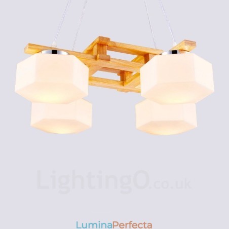 Lampă suspendată cu 4 lumini din lemn, modern și contemporan în stil nordic, cu abajur din sticlă