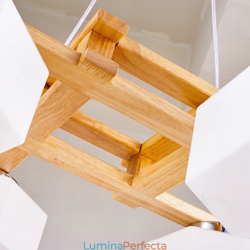 Lampă suspendată cu 4 lumini din lemn, modern și contemporan în stil nordic, cu abajur din sticlă