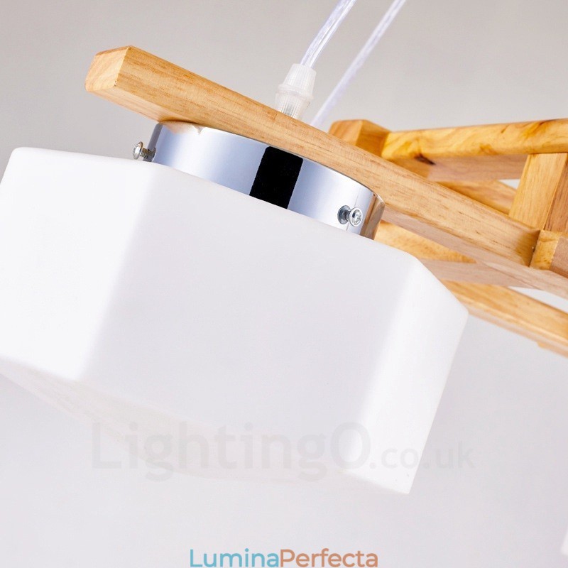Lampă suspendată cu 4 lumini din lemn, modern și contemporan în stil nordic, cu abajur din sticlă