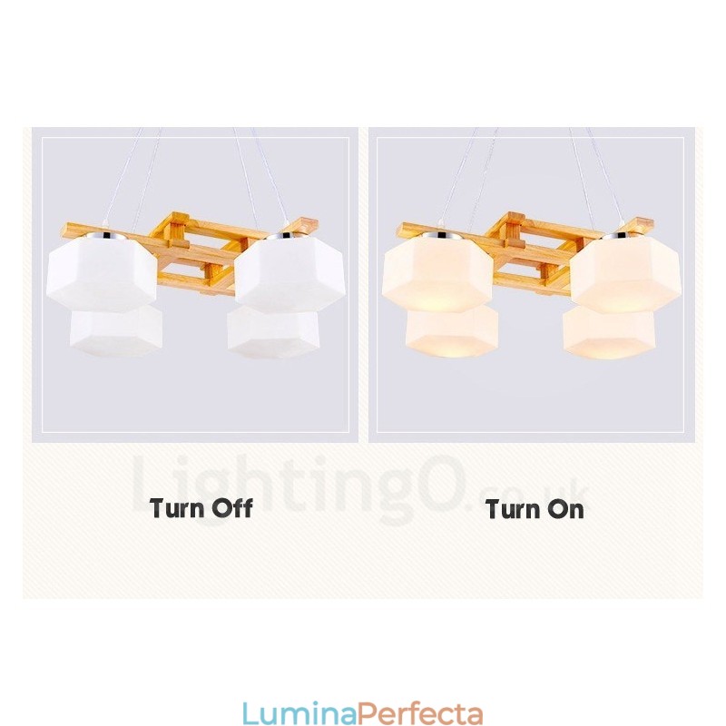 Lampă suspendată cu 4 lumini din lemn, modern și contemporan în stil nordic, cu abajur din sticlă