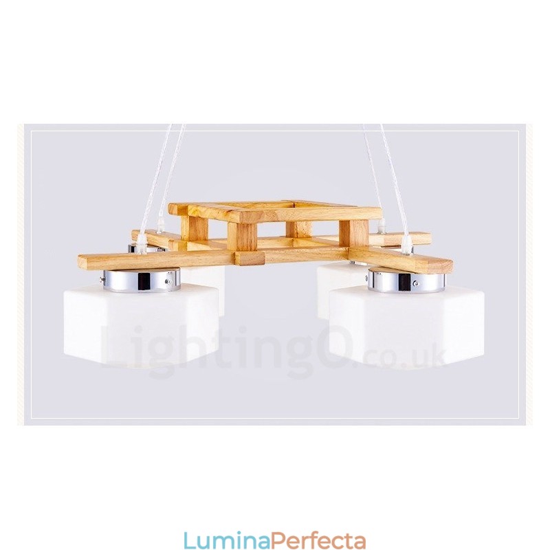Lampă suspendată cu 4 lumini din lemn, modern și contemporan în stil nordic, cu abajur din sticlă