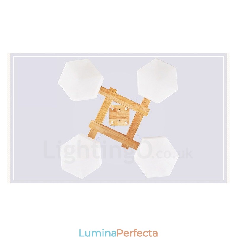 Lampă suspendată cu 4 lumini din lemn, modern și contemporan în stil nordic, cu abajur din sticlă