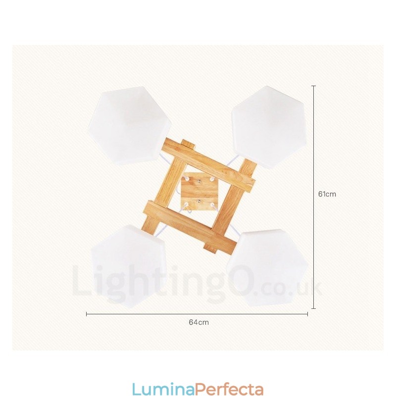 Lampă suspendată cu 4 lumini din lemn, modern și contemporan în stil nordic, cu abajur din sticlă