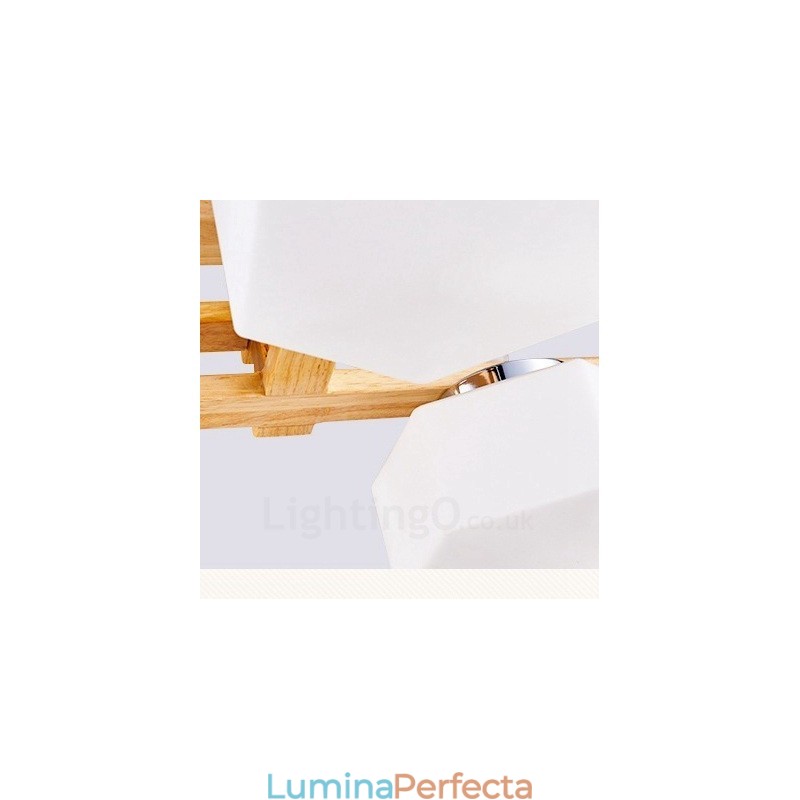 Lampă suspendată cu 4 lumini din lemn, modern și contemporan în stil nordic, cu abajur din sticlă