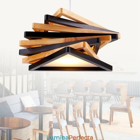 Lampă suspendată modernă, contemporană, din lemn deschis, cu abajur din lemn Lampă suspendată modernă, contemporană, din lemn deschis, cu abajur din lemn