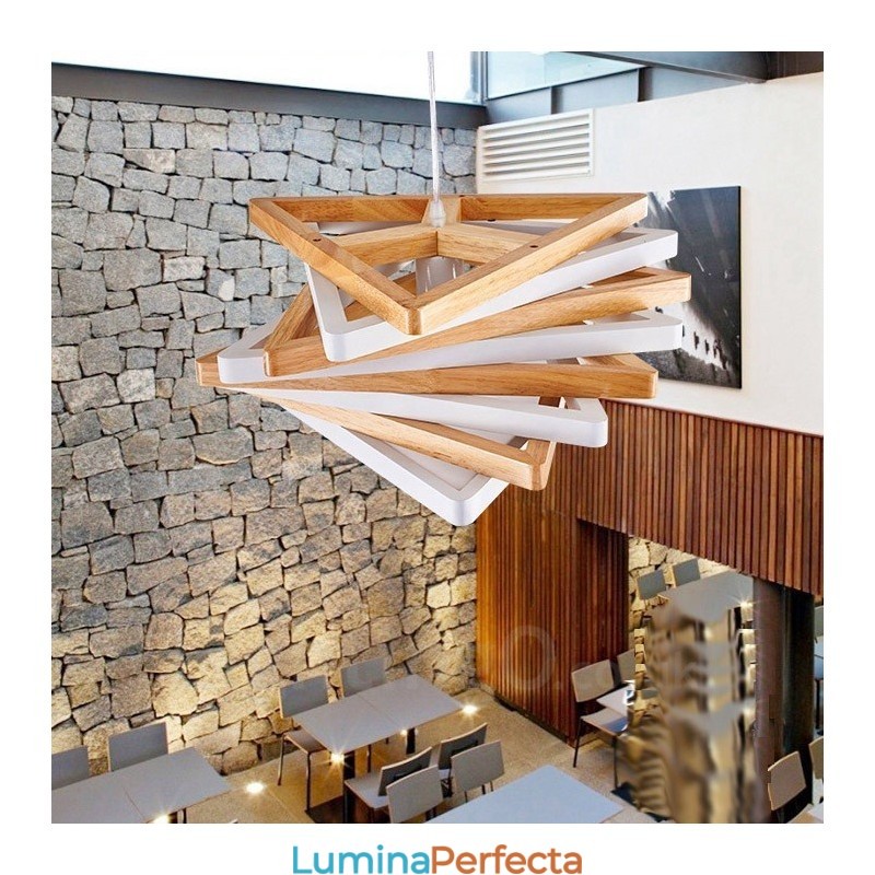 Lampă suspendată modernă, contemporană, din lemn deschis, cu abajur din lemn