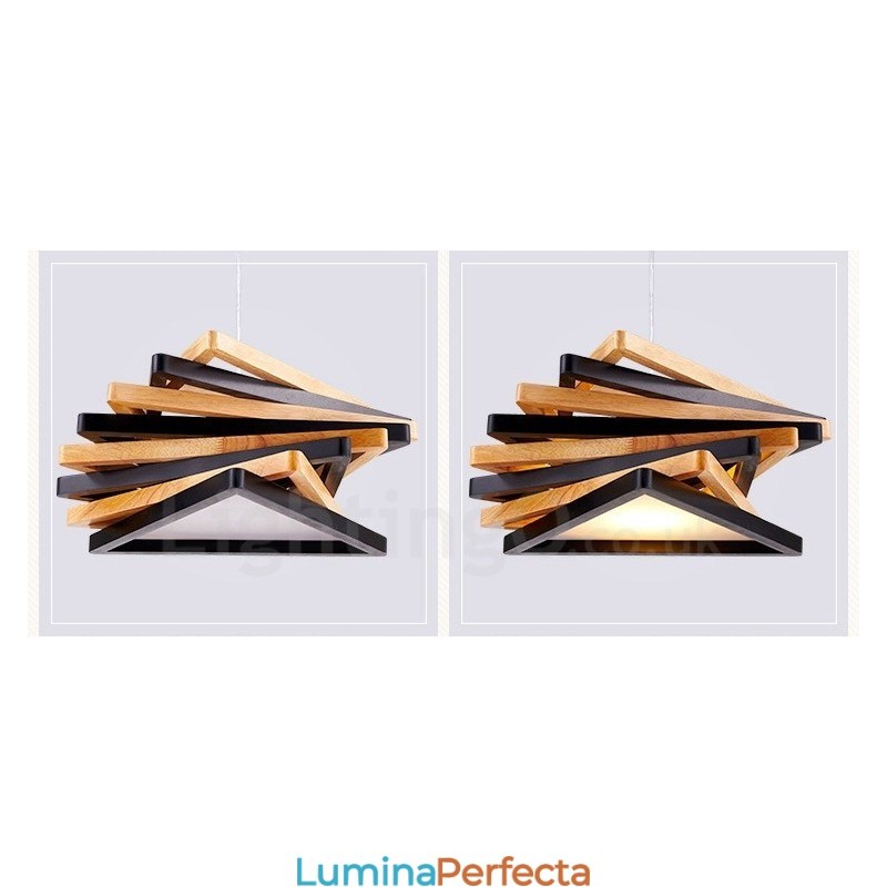 Lampă suspendată modernă, contemporană, din lemn deschis, cu abajur din lemn