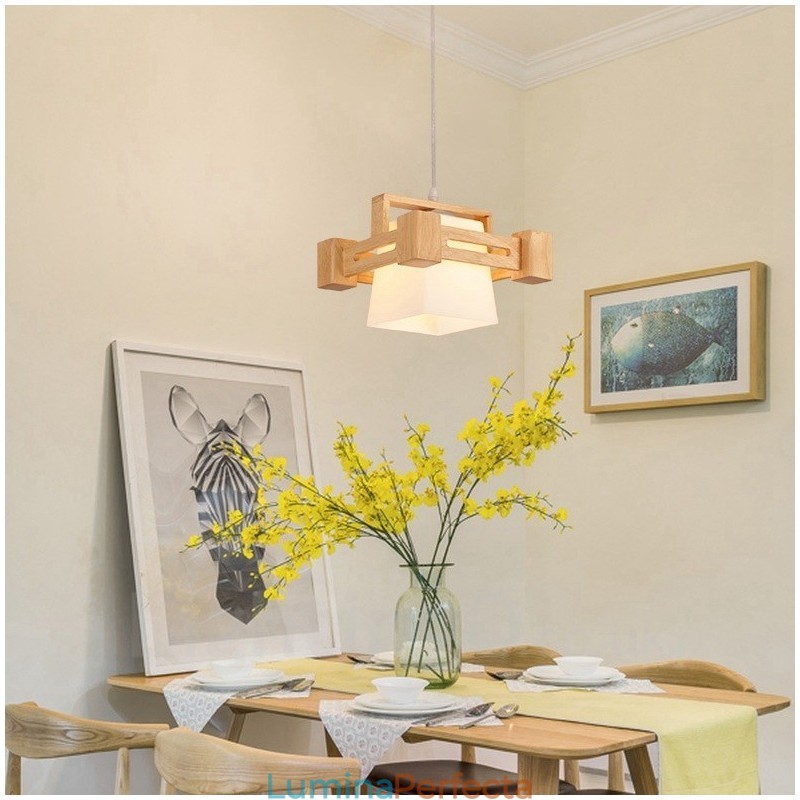 1 Lumină suspendată din lemn deschis modern, contemporan în stil nordic, cu abajur din material textil