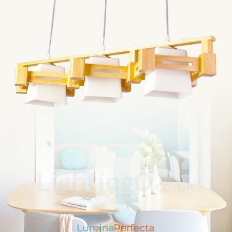 Lampă suspendată cu 3 lemn deschis, modern și contemporan în stil nordic, cu abajur din material textil Lampă suspendată cu 3 lemn deschis, modern și contemporan în stil nordic, cu abajur din material textil