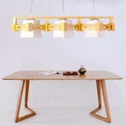 Lampă suspendată cu 3 lemn deschis, modern și contemporan în stil nordic, cu abajur din material textil