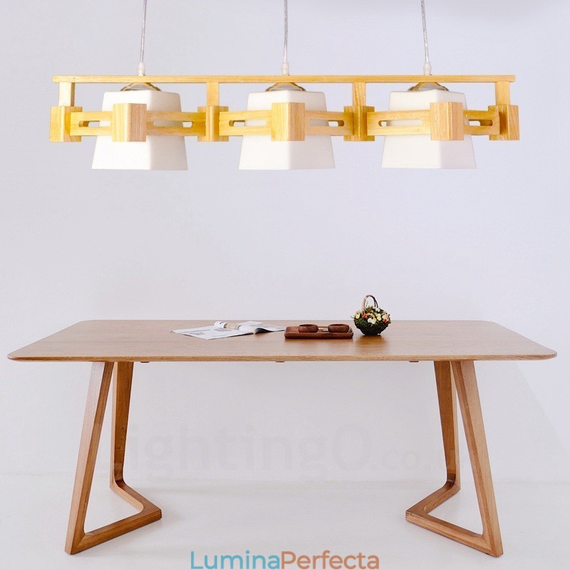 Lampă suspendată cu 3 lemn deschis, modern și contemporan în stil nordic, cu abajur din material textil