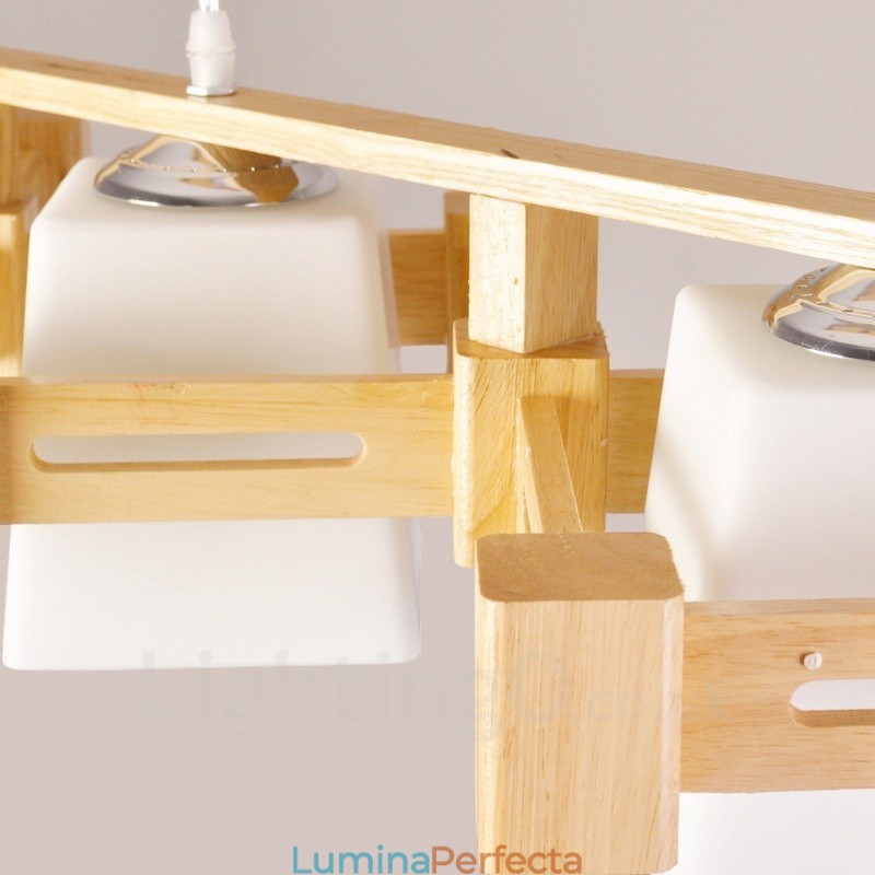 Lampă suspendată cu 3 lemn deschis, modern și contemporan în stil nordic, cu abajur din material textil