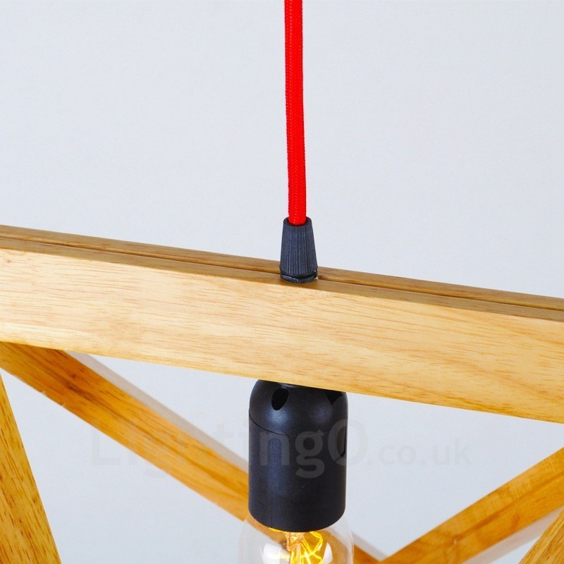 Lampă suspendată modernă, contemporană, din lemn deschis, cu abajur din lemn
