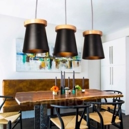 Lampă suspendată cu 3 lumini din lemn, modern și contemporan în stil nordic, cu abajur din fier