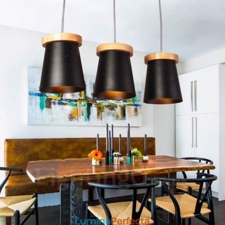 Lampă suspendată cu 3 lumini din lemn, modern și contemporan în stil nordic, cu abajur din fier Lampă suspendată cu 3 lumini din lemn, modern și contemporan în stil nordic, cu abajur din fier