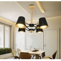 Lampă suspendată cu 4 lumini din lemn, modern și contemporan în stil nordic, cu abajur din fier