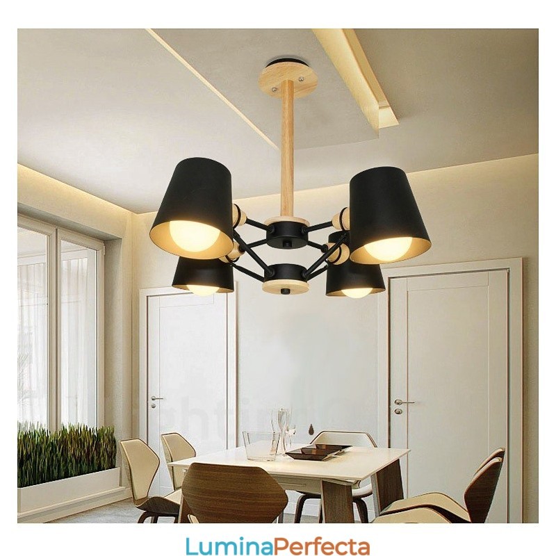 Lampă suspendată cu 4 lumini din lemn, modern și contemporan în stil nordic, cu abajur din fier