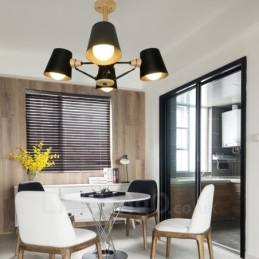 Lampă suspendată cu 4 lumini din lemn, modern și contemporan în stil nordic, cu abajur din fier