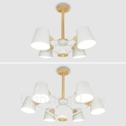 Lampă suspendată cu 4 lumini din lemn, modern și contemporan în stil nordic, cu abajur din fier