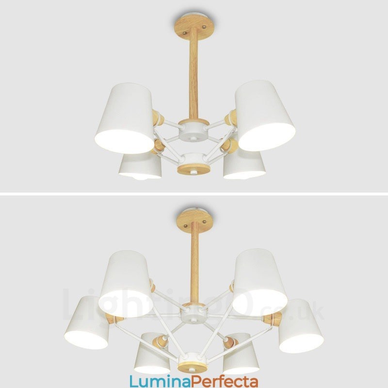 Lampă suspendată cu 4 lumini din lemn, modern și contemporan în stil nordic, cu abajur din fier