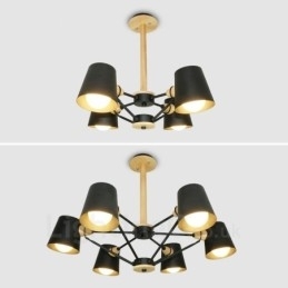 Lampă suspendată cu 4 lumini din lemn, modern și contemporan în stil nordic, cu abajur din fier