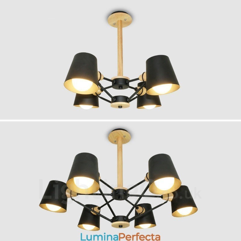 Lampă suspendată cu 4 lumini din lemn, modern și contemporan în stil nordic, cu abajur din fier