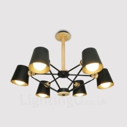 6 Lampă suspendată din lemn deschis modern, contemporan în stil nordic, cu abajur din fier