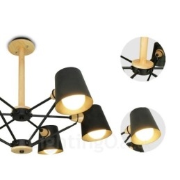 6 Lampă suspendată din lemn deschis modern, contemporan în stil nordic, cu abajur din fier