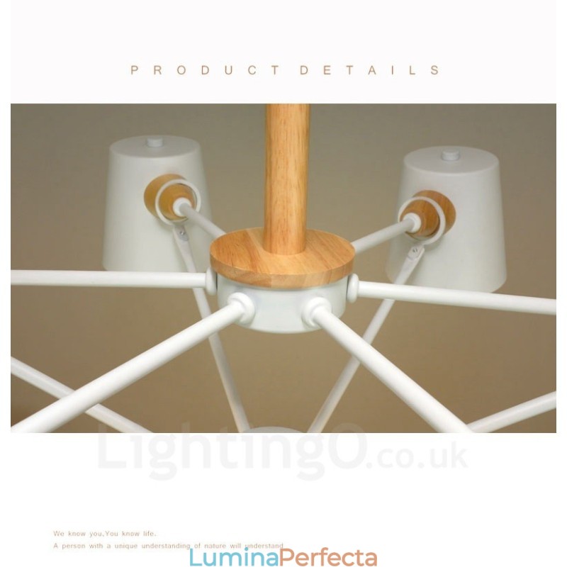 6 Lampă suspendată din lemn deschis modern, contemporan în stil nordic, cu abajur din fier