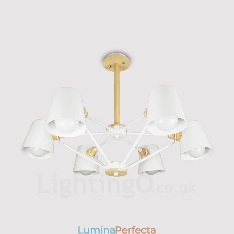 6 Lampă suspendată din lemn deschis modern, contemporan în stil nordic, cu abajur din fier