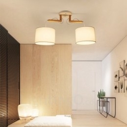 Lampă suspendată modernă, contemporană, cu 2 lumină, din lemn, cu abajur din material textil