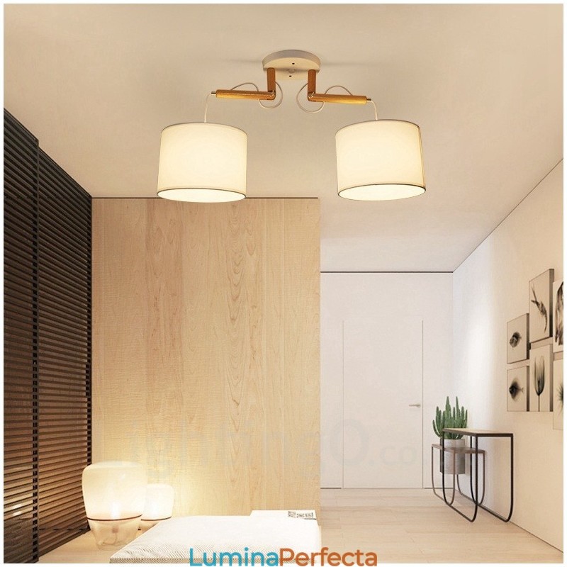 Lampă suspendată modernă, contemporană, cu 2 lumină, din lemn, cu abajur din material textil