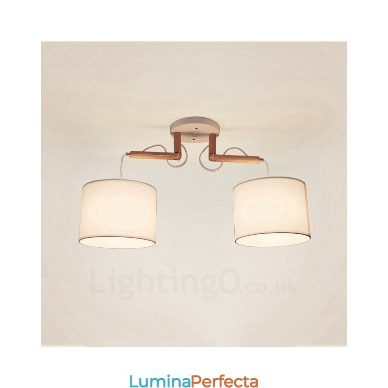 Lampă suspendată modernă, contemporană, cu 2 lumină, din lemn, cu abajur din material textil