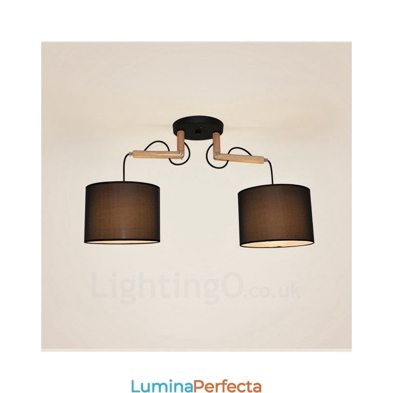 Lampă suspendată modernă, contemporană, cu 2 lumină, din lemn, cu abajur din material textil