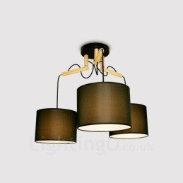 Lampă suspendată modernă, contemporană, cu 3 lumină, din lemn, cu abajur din material textil