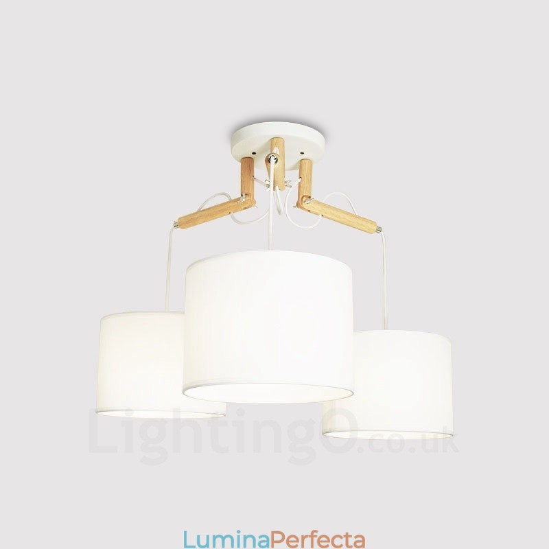Lampă suspendată modernă, contemporană, cu 3 lumină, din lemn, cu abajur din material textil