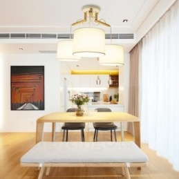 Lampă suspendată modernă, contemporană, cu 3 lumină, din lemn, cu abajur din material textil