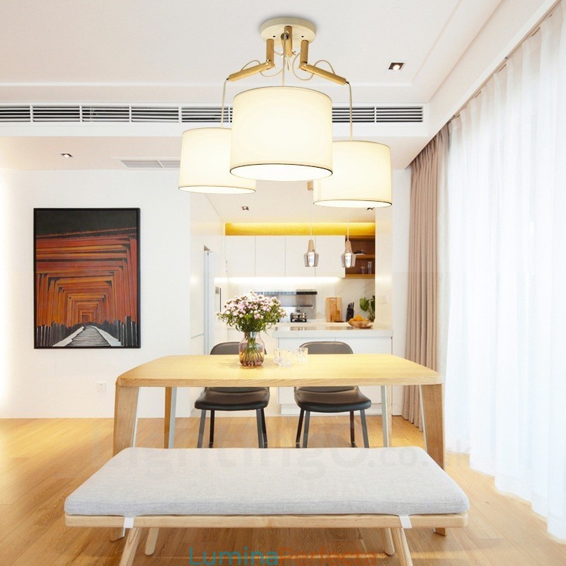 Lampă suspendată modernă, contemporană, cu 3 lumină, din lemn, cu abajur din material textil