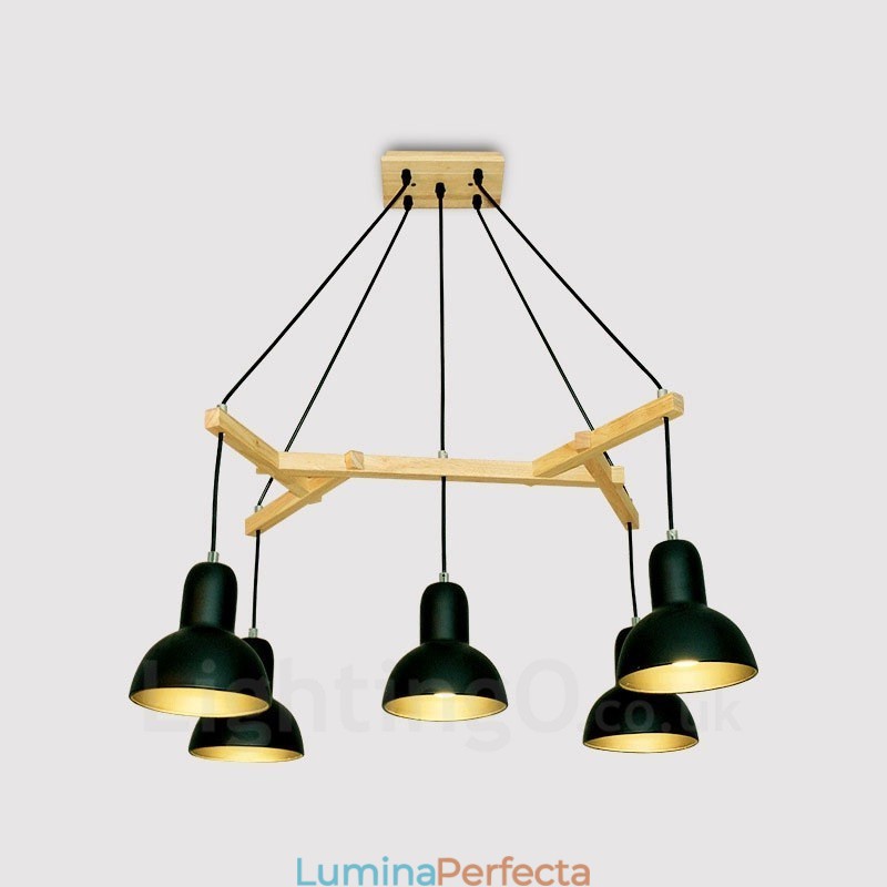Lampă suspendată modernă contemporană din lemn cu 5 lumină, cu abajur din fier