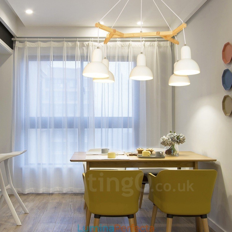 Lampă suspendată modernă contemporană din lemn cu 5 lumină, cu abajur din fier