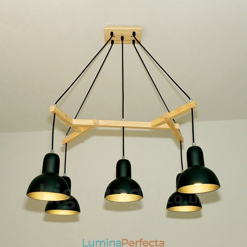 Lampă suspendată modernă contemporană din lemn cu 5 lumină, cu abajur din fier
