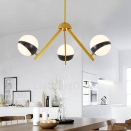 Plafoniera cu 3 lumini, modernă, contemporană, în stil nordic, cu abajur din sticlă alb-negru