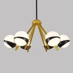 Plafoniera cu 6 lumini, modernă, contemporană, în stil nordic, cu abajur din sticlă alb-negru