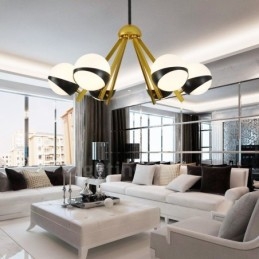 Plafoniera cu 6 lumini, modernă, contemporană, în stil nordic, cu abajur din sticlă alb-negru