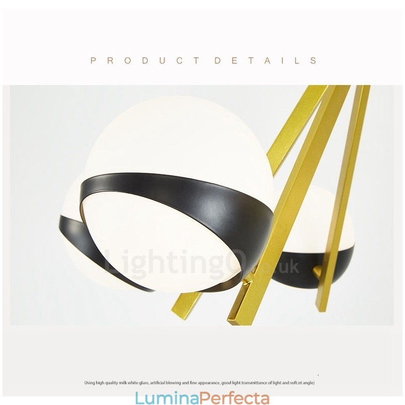 Plafoniera cu 6 lumini, modernă, contemporană, în stil nordic, cu abajur din sticlă alb-negru