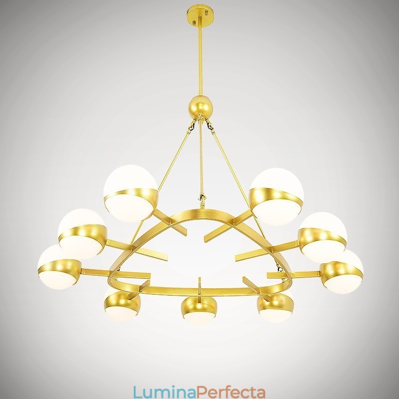 Plafoniere cu 9 lumini, moderne, contemporane, în stil nordic, candelabru placat cu cupru cu abajur din sticlă auriu și alb.