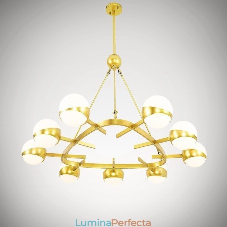 Plafoniere cu 9 lumini, moderne, contemporane, în stil nordic, candelabru placat cu cupru cu abajur din sticlă auriu și alb.